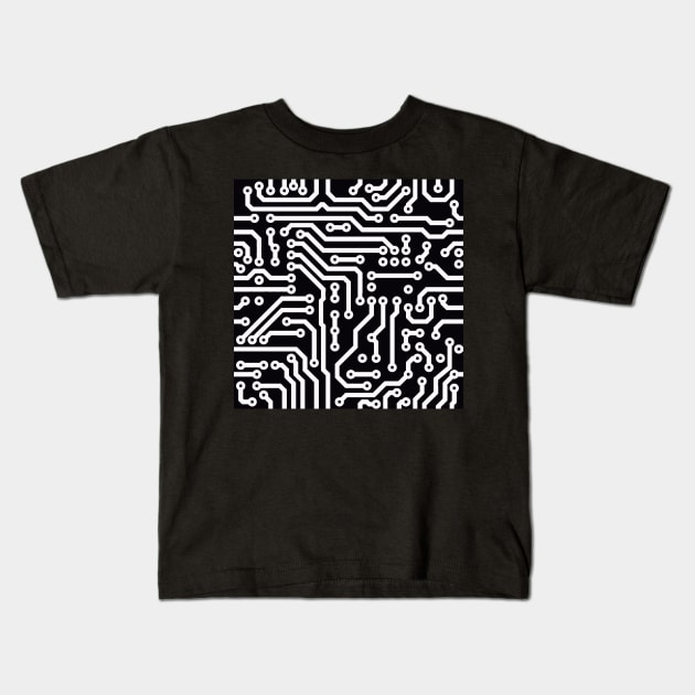 Computer Chip Circuit Tech Pattern - Black & White Kids T-Shirt by softbluehum